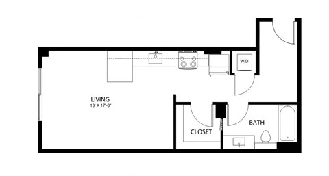 A floor plan of a living space with a bathroom and closet.